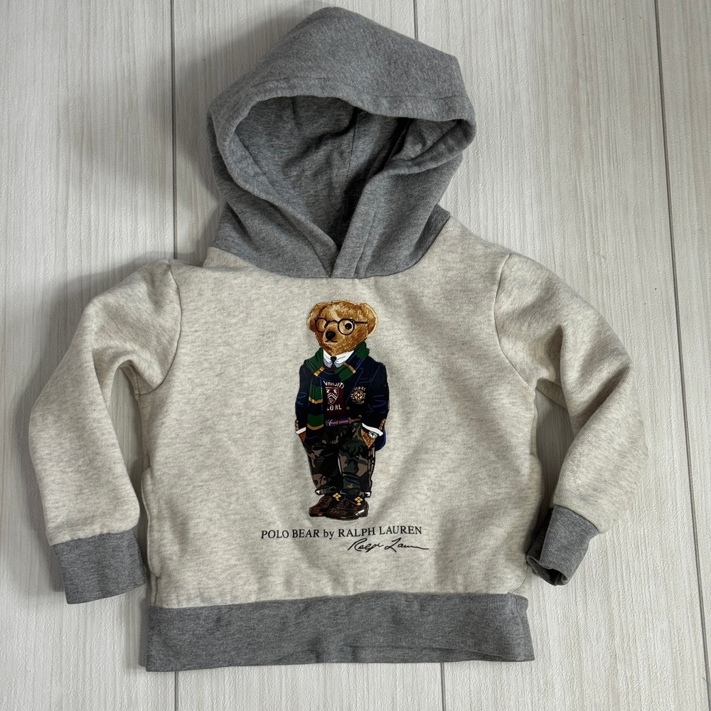 Polo‎ Ralph Lauren Bear Grey Fleece Hoodie Toddler 3T Classic Preppy Academic